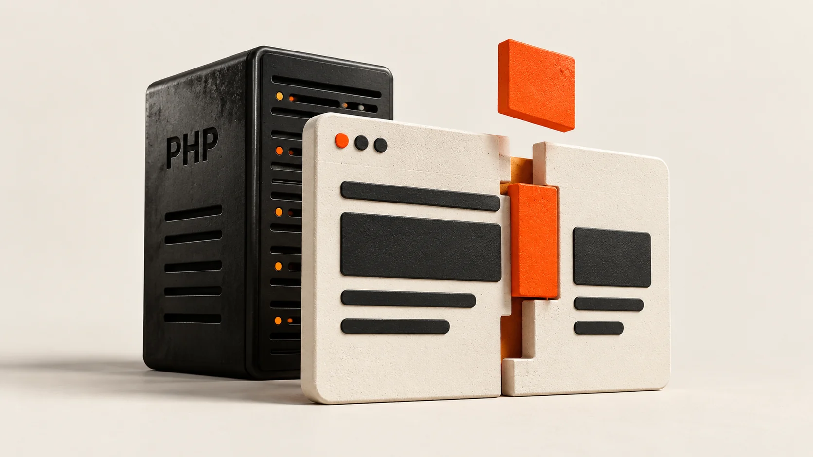 PHP-сервер за панелью сайта с оранжевой вставкой, закрывающей разрыв.
